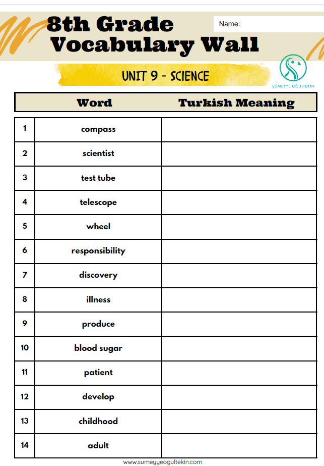 8.9 Science VOCABULARY Exercise